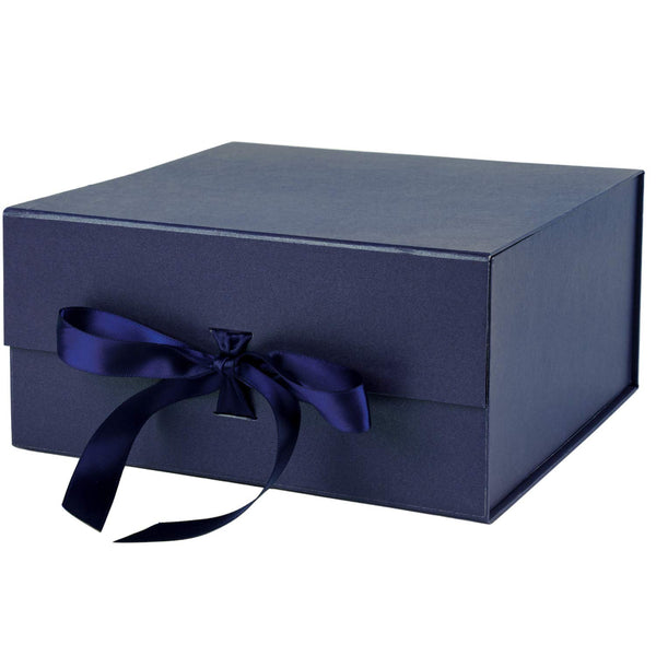 8" x 8" x 4" Collapsable Gift Box w/ Satin Ribbon & Magnetic Square Flap Lid | Navy