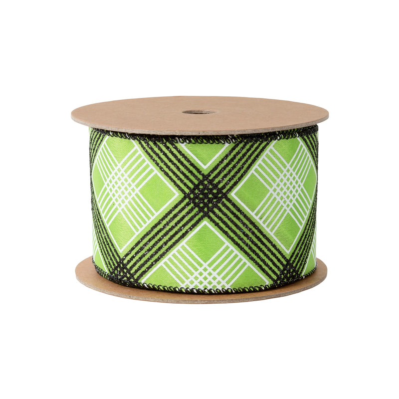 2 1/2" Wired Ribbon | Black/White Bias Plaid on Green | 10 Yard Roll
