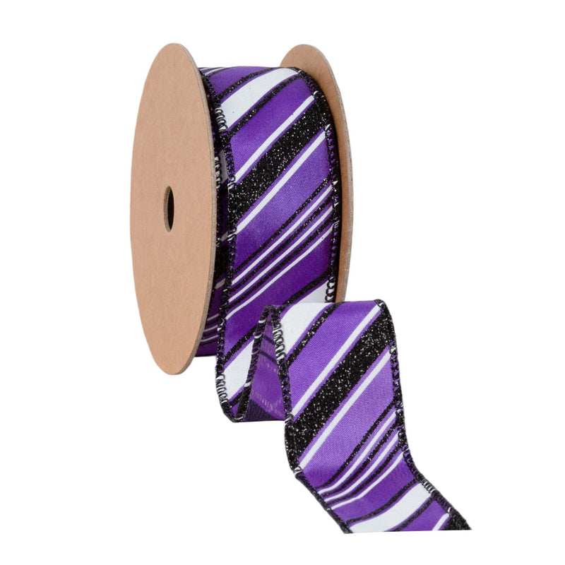 1 1/2" Wired Ribbon | Candy Stripe on Purple | 10 Yard Roll