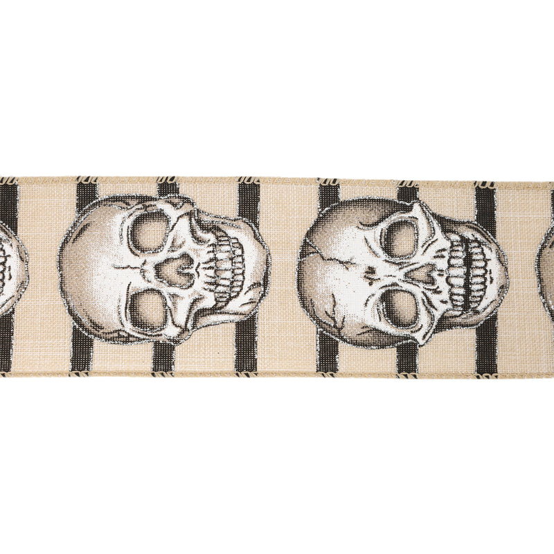 2 1/2" Wired Ribbon | Skull on White/Linen Stripe | 10 Yard Roll