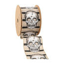 2 1/2" Wired Ribbon | Skull on White/Linen Stripe | 10 Yard Roll