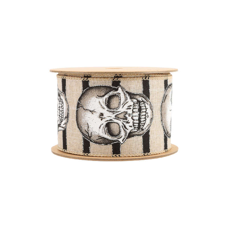 2 1/2" Wired Ribbon | Skull on White/Linen Stripe | 10 Yard Roll