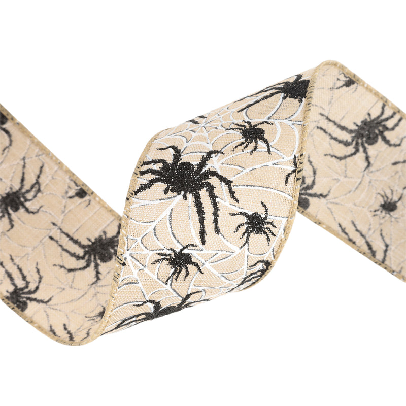 2 1/2" Wired Ribbon | Black Spider on White Web | 10 Yard Roll