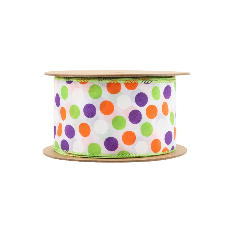 2 1/2" Wired Ribbon | Multi-Colored Dots on White | 10 Yard Roll