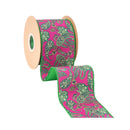 4" Wired Dupioni Ribbon | Preppy Paisley on Hot Pink w/ Satin Green Backing | 10 Yard Roll
