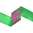 4" Wired Dupioni Ribbon | Preppy Paisley on Hot Pink w/ Satin Green Backing | 10 Yard Roll