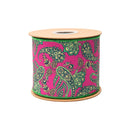 4" Wired Dupioni Ribbon | Preppy Paisley on Hot Pink w/ Satin Green Backing | 10 Yard Roll