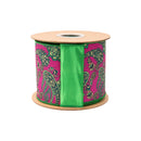 4" Wired Dupioni Ribbon | Preppy Paisley on Hot Pink w/ Satin Green Backing | 10 Yard Roll