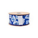 2 1/2" Wired Dupioni Ribbon | Christmas Icons on Blue w/ White Backing | 10 Yard Roll