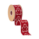 2 1/2" Wired Cotton Linen Fabric Ribbon | Printed Gingerbread on Red | 10 Yard Roll