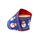 4" Wired Dupioni Ribbon | Red Scarf Snowman On Blue w/Red Backing | 10 Yard Roll