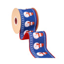 4" Wired Dupioni Ribbon | Red Scarf Snowman On Blue w/Red Backing | 10 Yard Roll