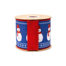 4" Wired Dupioni Ribbon | Red Scarf Snowman On Blue w/Red Backing | 10 Yard Roll