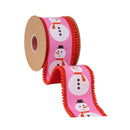 2 1/2" Wired Dupioni Ribbon | Modern Snowman on Pink w/ Red Backing | 10 Yard Roll