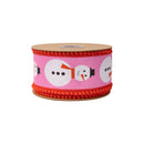 2 1/2" Wired Dupioni Ribbon | Modern Snowman on Pink w/ Red Backing | 10 Yard Roll