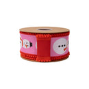 2 1/2" Wired Dupioni Ribbon | Modern Snowman on Pink w/ Red Backing | 10 Yard Roll