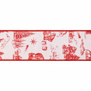 4" Wired Dupioni Ribbon | Red Christmas Toile on White w/Red Backing | 10 Yard Roll