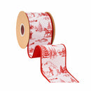 4" Wired Dupioni Ribbon | Red Christmas Toile on White w/Red Backing | 10 Yard Roll