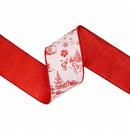 4" Wired Dupioni Ribbon | Red Christmas Toile on White w/Red Backing | 10 Yard Roll