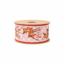 2 1/2" Wired Dupioni Ribbon | Retro Deer on Pink Check w/ Red Backing | 10 Yard Roll