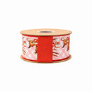 2 1/2" Wired Dupioni Ribbon | Retro Deer on Pink Check w/ Red Backing | 10 Yard Roll