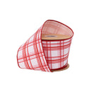 4" Wired Dupioni Ribbon | Pink and Red Retro Plaid on White w/ Pink Backing | 10 Yard Roll