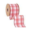 4" Wired Dupioni Ribbon | Pink and Red Retro Plaid on White w/ Pink Backing | 10 Yard Roll