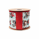 4" Wired Dupioni Ribbon | Retro Deer w/ Wreath w/ Red Backing | 10 Yard Roll