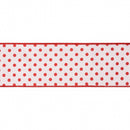 4" Wired Dupioni Ribbon | Red Polka Dots on White w/ Red Backing | 10 Yard Roll