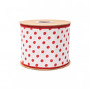 4" Wired Dupioni Ribbon | Red Polka Dots on White w/ Red Backing | 10 Yard Roll
