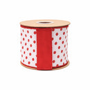 4" Wired Dupioni Ribbon | Red Polka Dots on White w/ Red Backing | 10 Yard Roll