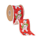 4" Wired Dupioni Ribbon | Retro Snowman on Red w/ Pom Pom Edge w/ White Backing | 10 Yard Roll