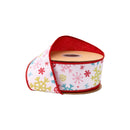 2 1/2" Wired Dupioni Ribbon | Multi Colored Snowflakes on White w/ Red Backing | 10 Yard Roll