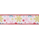 2 1/2" Wired Dupioni Ribbon | Multi Colored Snowflakes on White w/ Red Backing | 10 Yard Roll