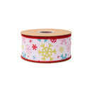 2 1/2" Wired Dupioni Ribbon | Multi Colored Snowflakes on White w/ Red Backing | 10 Yard Roll