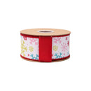 2 1/2" Wired Dupioni Ribbon | Multi Colored Snowflakes on White w/ Red Backing | 10 Yard Roll
