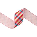 2 1/2" Wired Dupioni Ribbon | Pink/Red/Blue Bias Plaid w/ Pink Backing | 10 Yard Roll