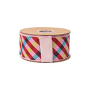 2 1/2" Wired Dupioni Ribbon | Pink/Red/Blue Bias Plaid w/ Pink Backing | 10 Yard Roll
