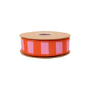 1 1/2" Wired Dupioni Ribbon | Pink and Orange Wide Horizontal Stripe w/ Orange Backing | 10 Yard Roll