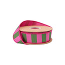 1 1/2" Wired Dupioni Ribbon | Pink and Green Wide Horizontal Stripe w/ Hot Pink Backing | 10 Yard Roll