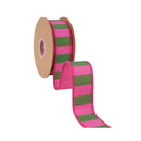 1 1/2" Wired Dupioni Ribbon | Pink and Green Wide Horizontal Stripe w/ Hot Pink Backing | 10 Yard Roll