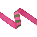 1 1/2" Wired Dupioni Ribbon | Pink and Green Wide Horizontal Stripe w/ Hot Pink Backing | 10 Yard Roll