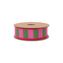 1 1/2" Wired Dupioni Ribbon | Pink and Green Wide Horizontal Stripe w/ Hot Pink Backing | 10 Yard Roll