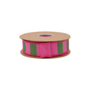 1 1/2" Wired Dupioni Ribbon | Pink and Green Wide Horizontal Stripe w/ Hot Pink Backing | 10 Yard Roll