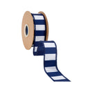 1 1/2" Wired Dupioni Ribbon | Navy Blue and White Wide Horizontal Stripe w/ Navy Blue Backing | 10 Yard Roll