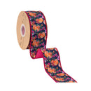 2 1/2" Wired Dupioni Ribbon | Pumpkins and Flowers on Blue w/ Satin Pink Backing | 10 Yard Roll