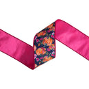 2 1/2" Wired Dupioni Ribbon | Pumpkins and Flowers on Blue w/ Satin Pink Backing | 10 Yard Roll