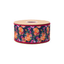 2 1/2" Wired Dupioni Ribbon | Pumpkins and Flowers on Blue w/ Satin Pink Backing | 10 Yard Roll