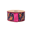 2 1/2" Wired Dupioni Ribbon | Pumpkins and Flowers on Blue w/ Satin Pink Backing | 10 Yard Roll