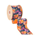 4" Wired Dupioni Ribbon | Pumpkins and Flowers on Blue w/ Satin Orange Backing | 10 Yard Roll